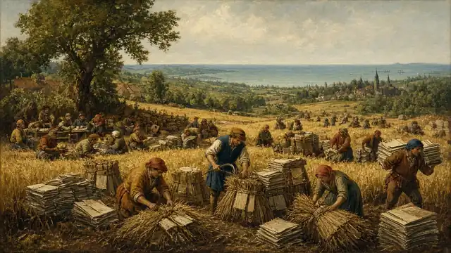 AI-generated image in the style of Pieter Bruegel the Elder: a golden harvest field where small figures gather sheaves of paper case files