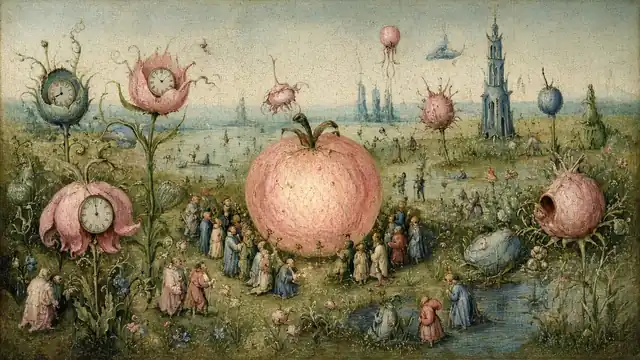 AI-generated image in the style of Hieronymus Bosch: a fantastical garden of strange clocks, with figures gathered round a giant glowing fruit