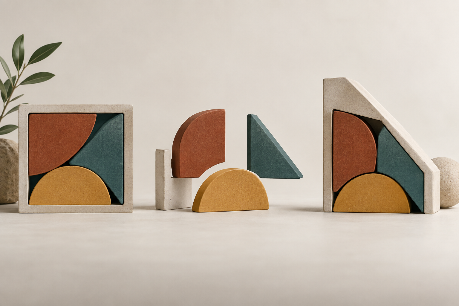 Three colored modules move from a complete guide through partial support into a differently shaped frame.