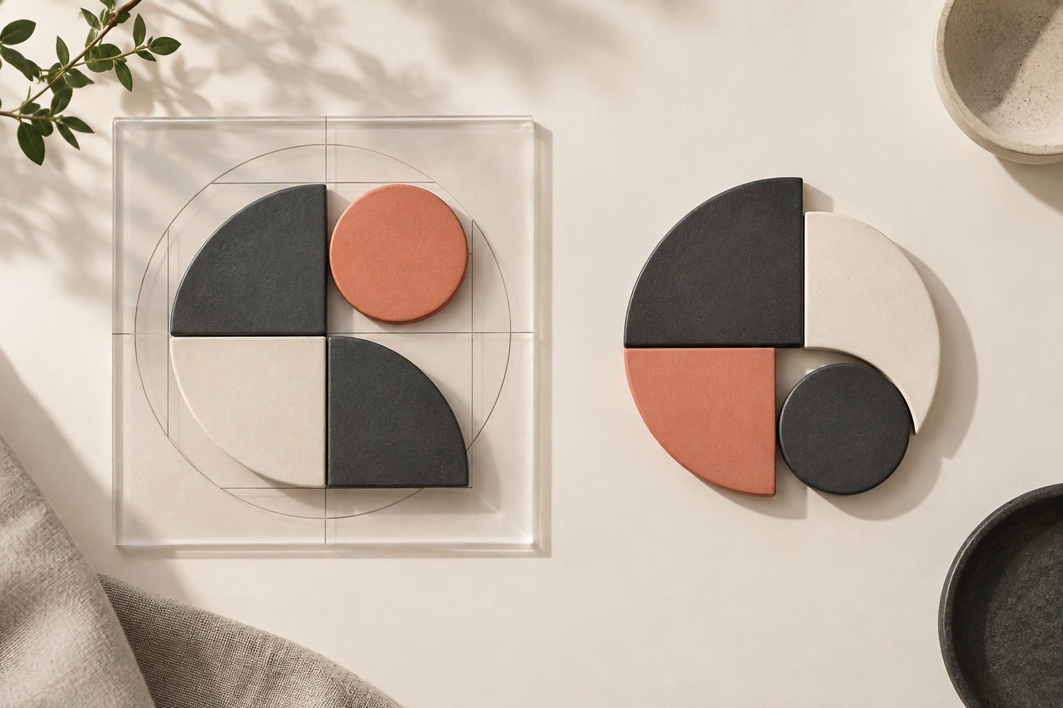 Two related geometric solutions appear side by side, one assembled within a translucent guide and the other completed without support.