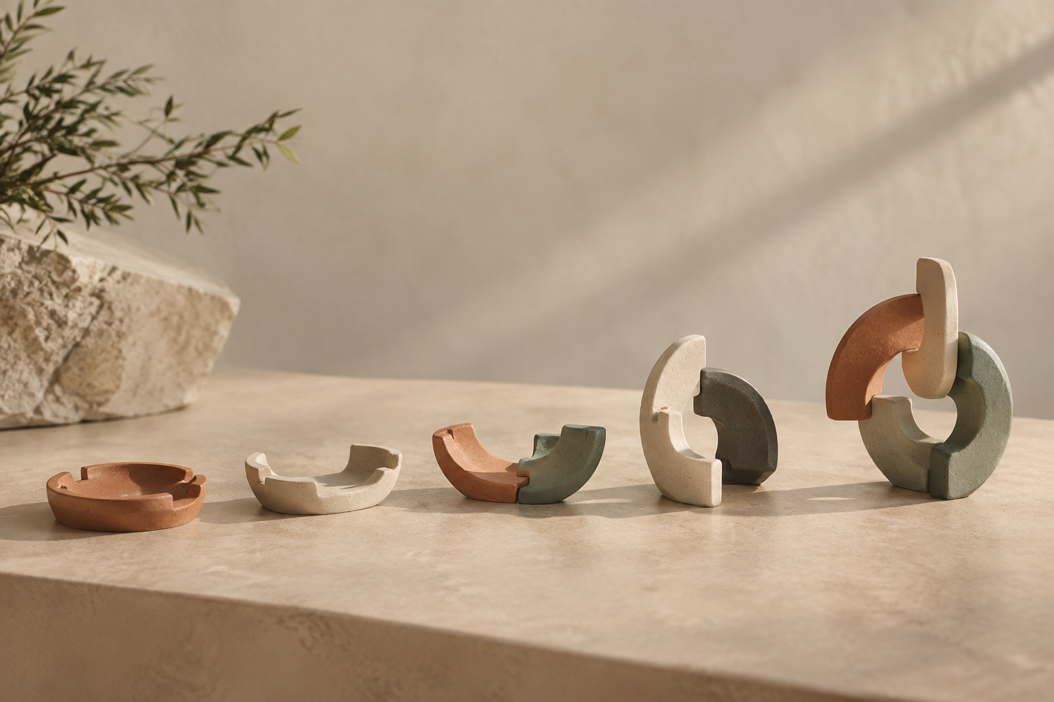 Ceramic pieces move from a compact mould through diminishing guides into a stable freestanding arrangement.