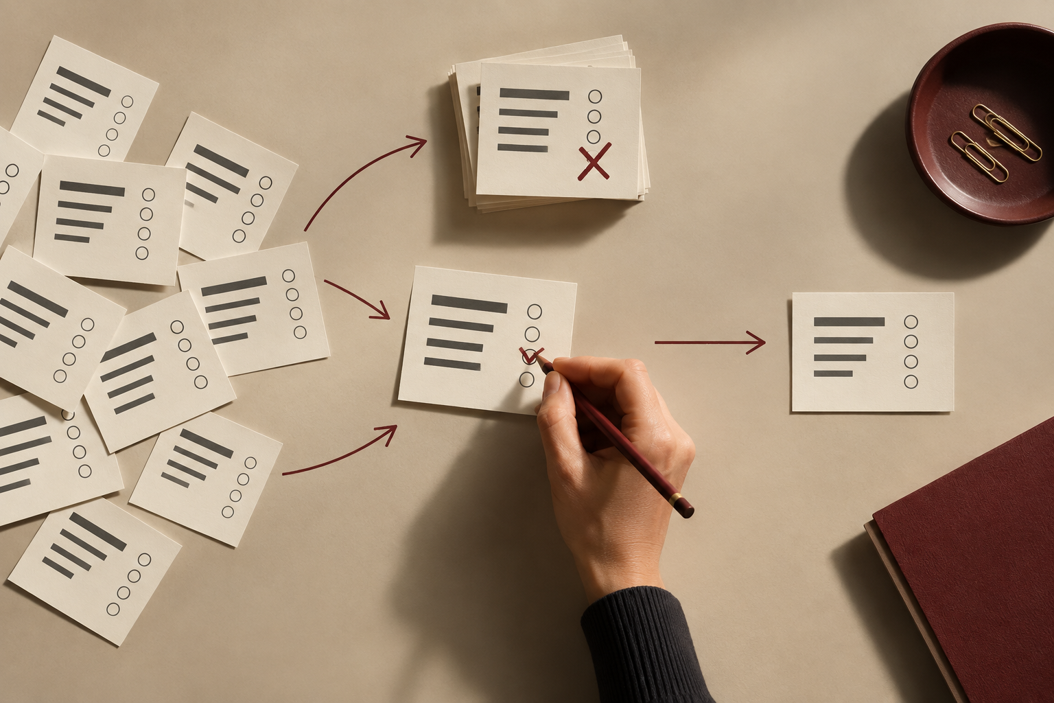 A human hand reviews several abstract multiple-choice question cards, rejecting most and allowing one revised card to continue.