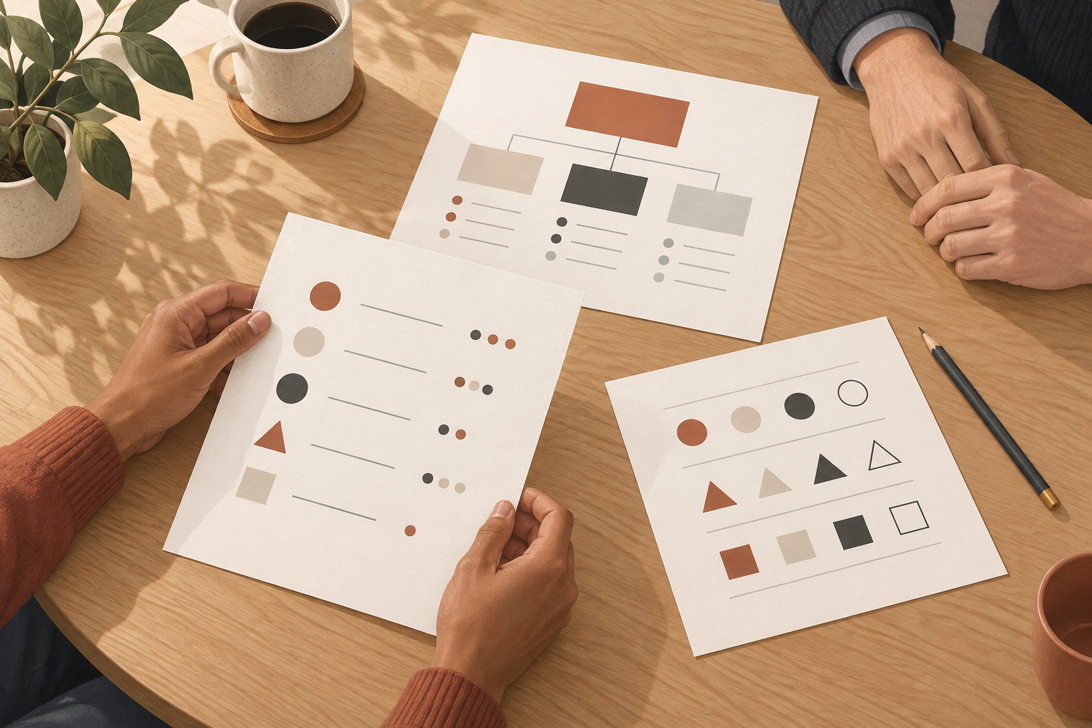 Overhead illustration of two people comparing three differently arranged sheets on a table, with one holding the foreground sheet and a pencil resting beside another.