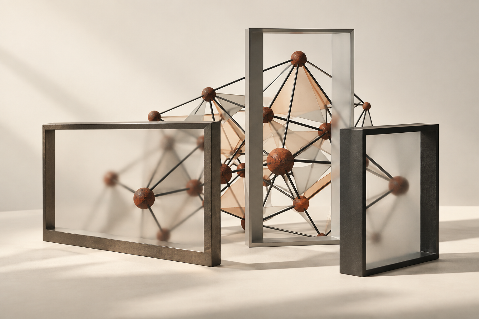 Three overlapping aperture frames reveal different bounded sections of the same complex geometric lattice.