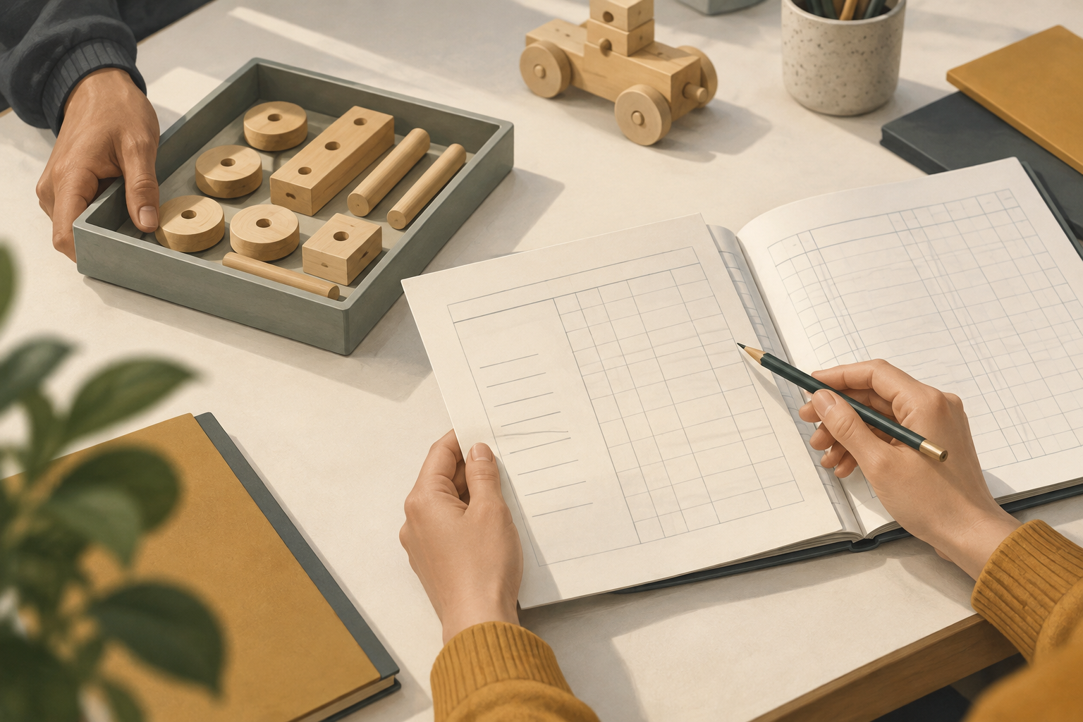 Illustration of students moving a tray of wooden components and comparing a paper form with an open ruled record book; a small wheeled construction sits behind them.