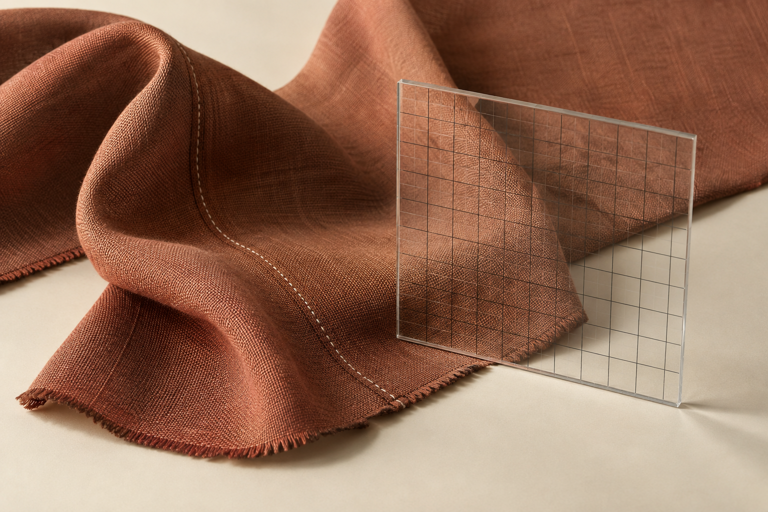 A transparent measuring grid covers part of a woven cloth, while folds, stitching and an unfinished edge remain visible beyond its boundary.