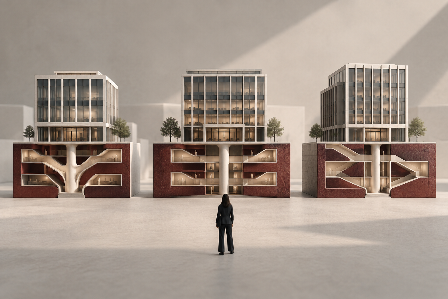 A prospective employee studies three similar office-building models whose cutaway bases reveal different internal structures and branching career paths.