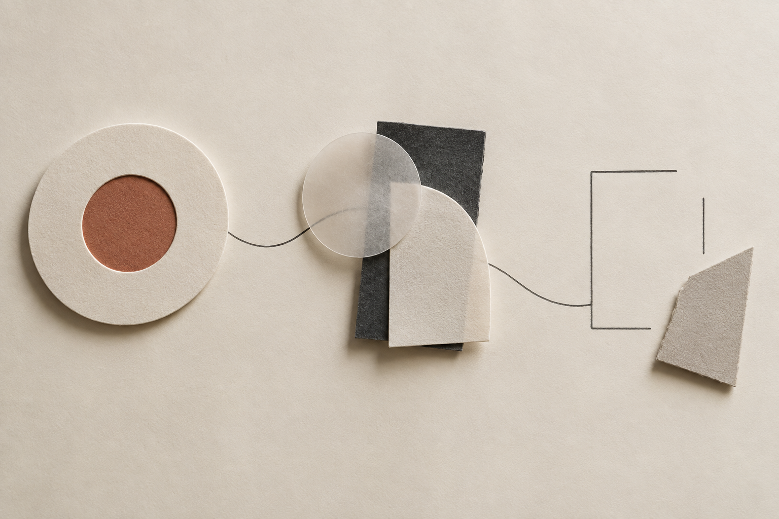 A fitted terracotta paper piece connects through translucent layered shapes to an unfinished outline, suggesting that resolving one detail leaves further reasoning to document.