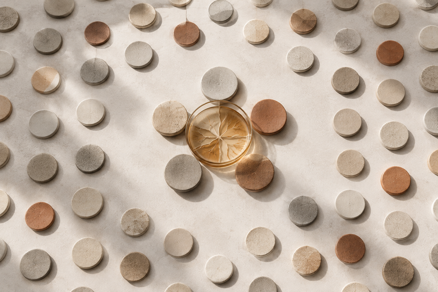 A broad field of ceramic discs surrounds five selected discs gathered around a transparent vessel that reveals several layered contours beneath the surface.