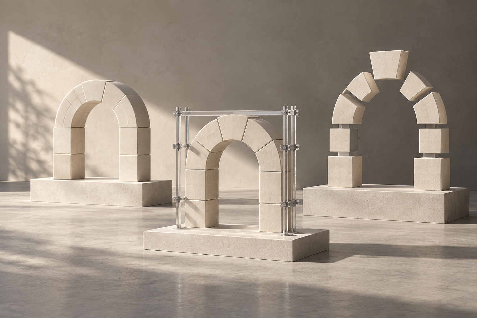 Three matching arches show independent construction, transparent external support and an exploded view revealing how the structure works.