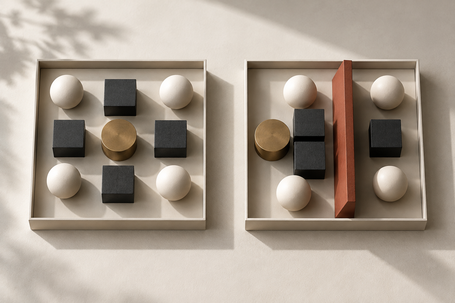 Two geometric assemblies use the same components, but a single red constraint causes the second arrangement to adapt.