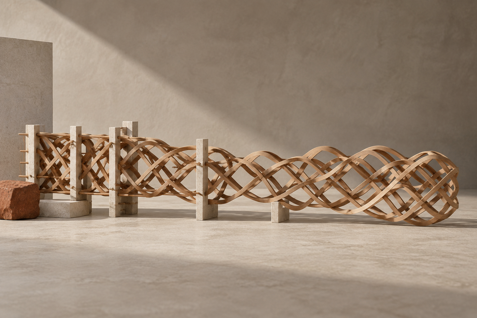 A complex wooden lattice moves from closely supported sections to the same structure standing independently.