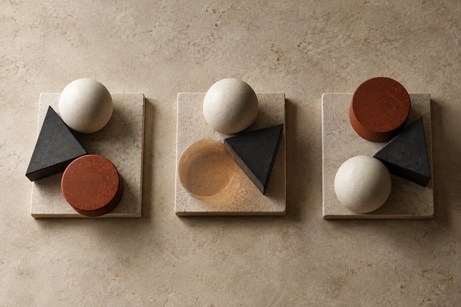Three related arrangements of solid geometric pieces, with a translucent expected shape appearing over an empty space in the central arrangement.