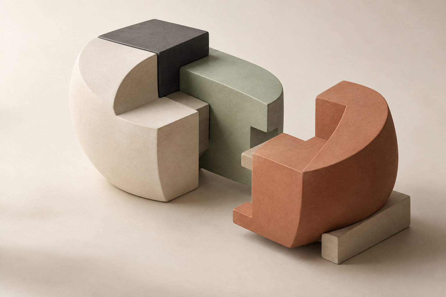A four-piece geometric structure partially pulled apart, revealing its hidden connections, with a shallow cradle supporting the separated pieces.