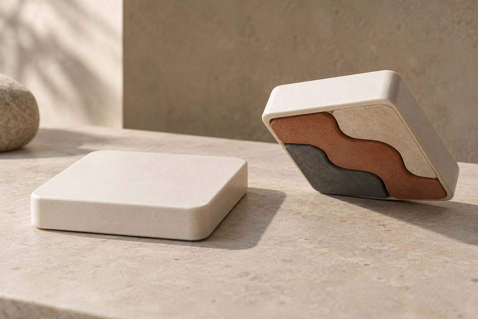 Two matching smooth ivory tiles, one lying flat and the other tilted to expose its interlocking coloured layers.