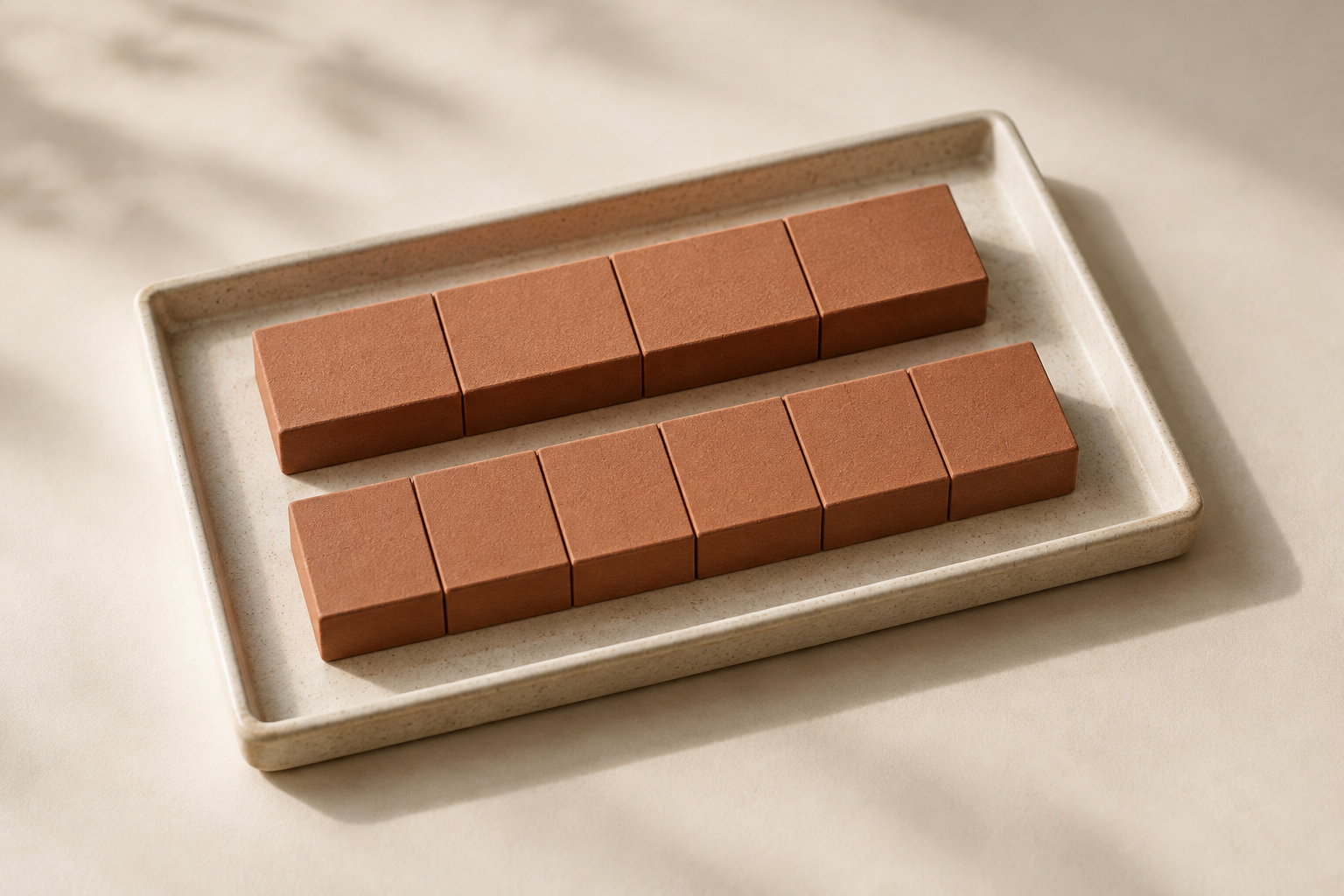 Two equal-length terracotta bars in a shallow tray, one divided into four sections and the other into six smaller sections.
